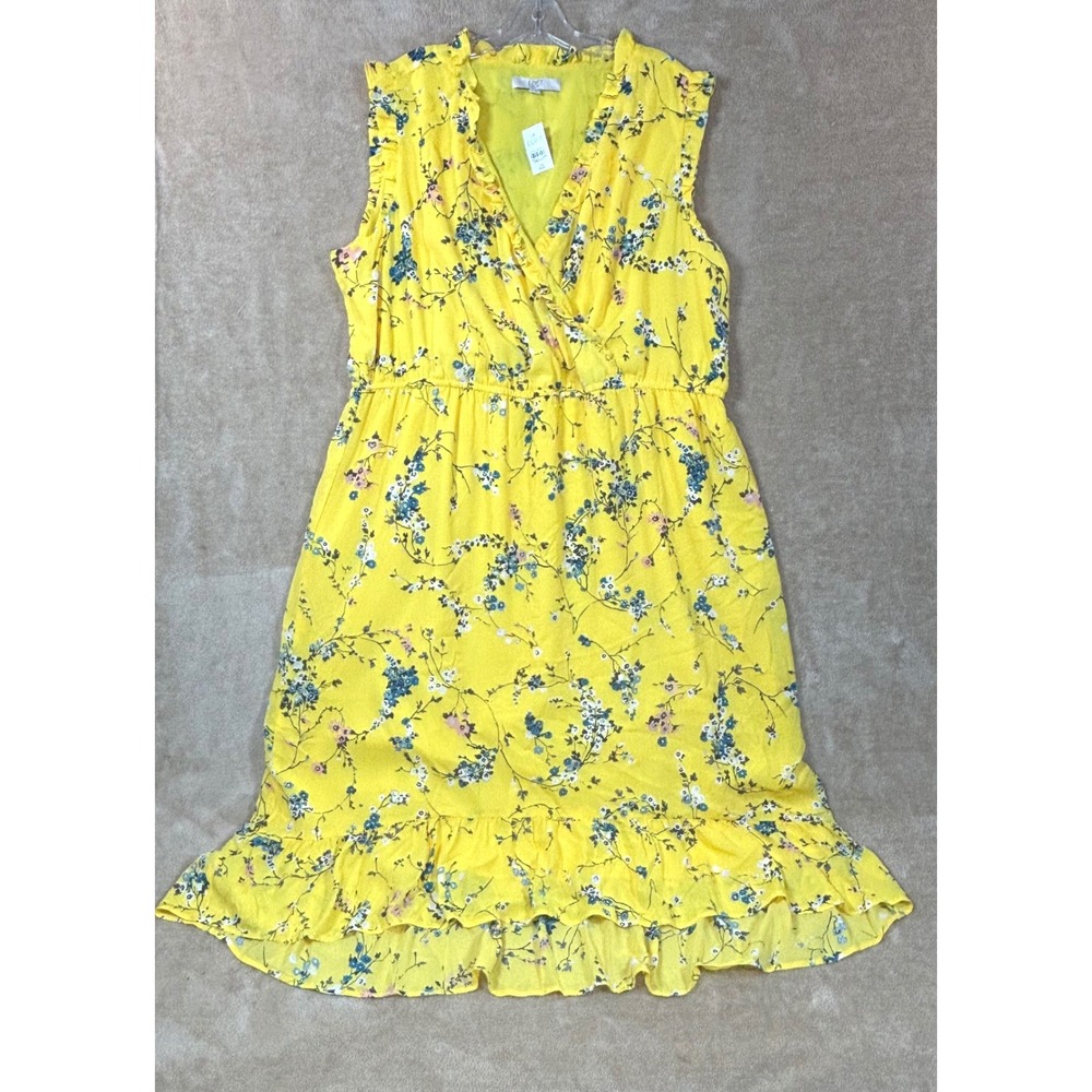 Loft Yellow Floral Ruffle V-Neck Springtime Midi Dress Sleeveless 24 Plus NWT